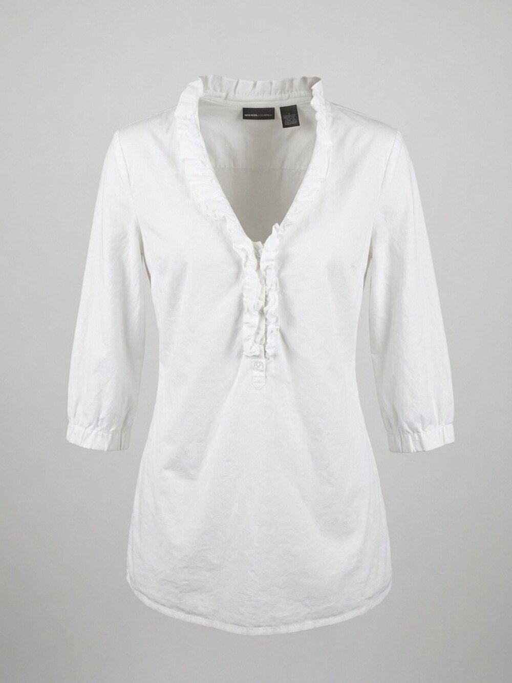 VTG Y2K New York & Co White Ruffle Tunic Blouse L V-Neck 3/4 Sleeve